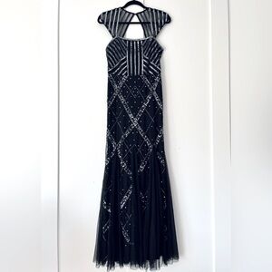 Adrianna Papell Studio Beaded Cap Sleeve Gown Dress NWT black
